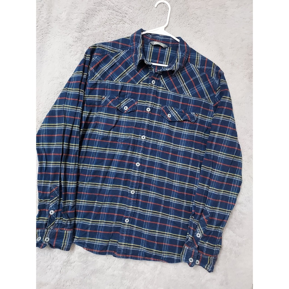 Stio Shirt Mens XL Flannel Plaid Long Sleeve Button Up Blue Heavy Outdoor Casual